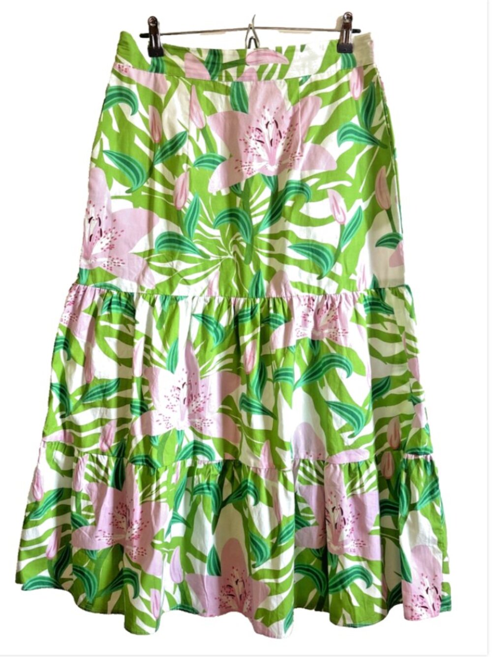 Maude Vivante Floral Tiered Maxi Skirt Cottagecore Boho Green Pink Size M